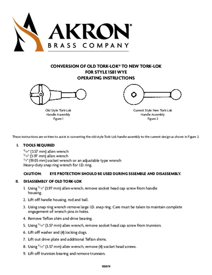 Style 1581 Tork Lok Handle Conversion Instructions PDF preview