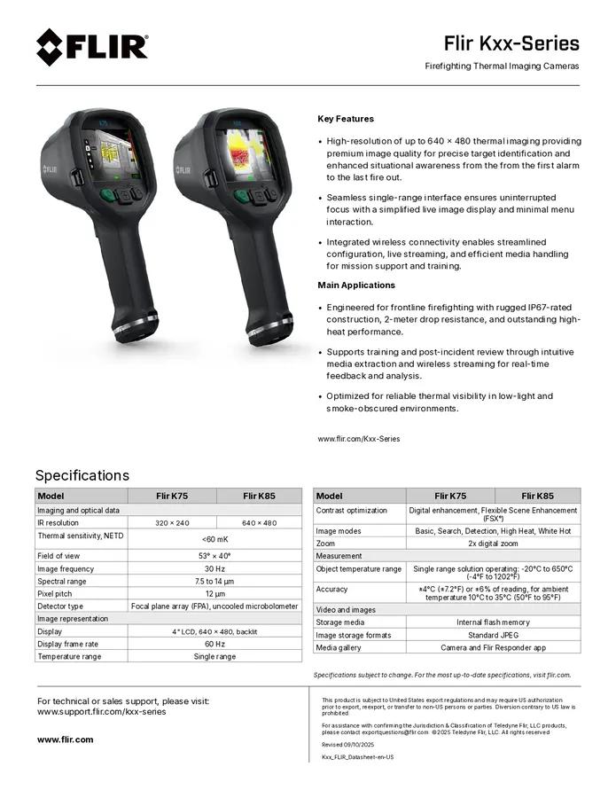 FLIR K75 and K85 (2025 Version) Datasheet cover