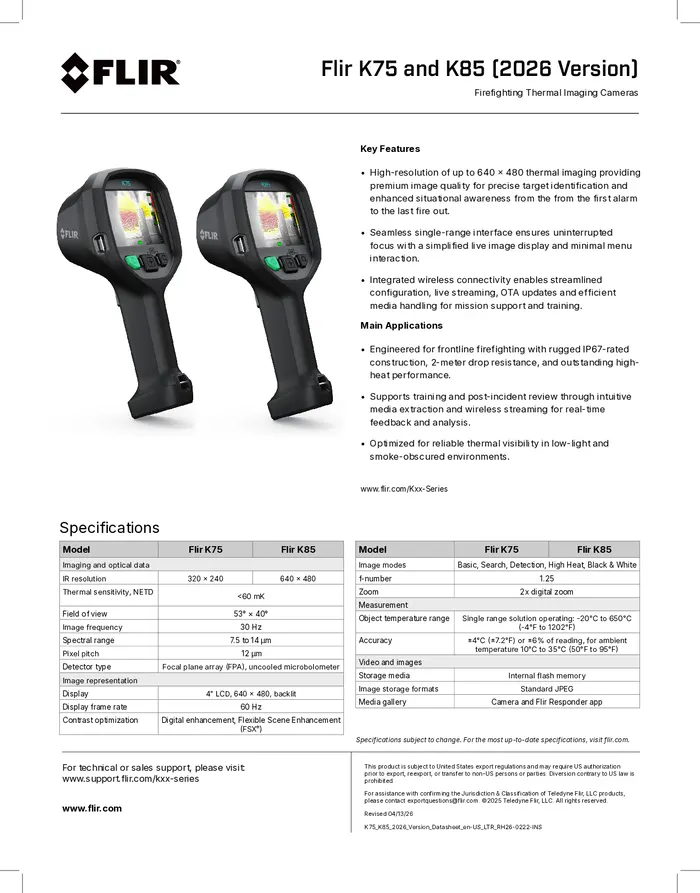 FLIR K75 and K85 (2026 Version) Datasheet cover