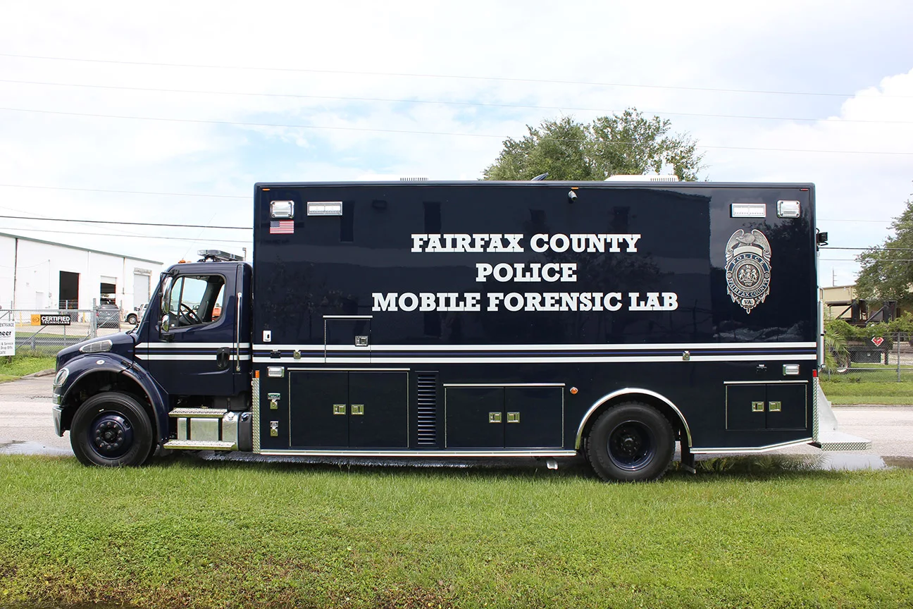 Frontline Communications Mobile Crime Lab for Fairfax County Police Department parked outside on a cloudy day.