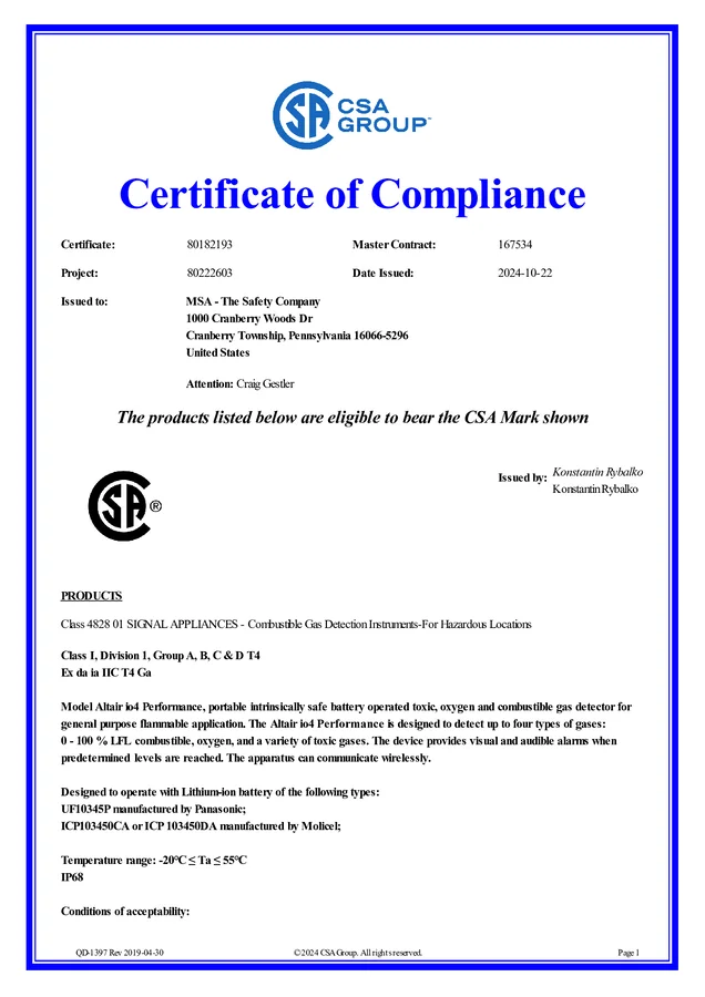 ALTAIR io 4 CSA performance certificate cover