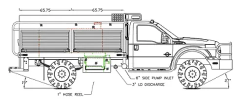 Exterior view of small fire truck showing cab, body compartments, and wheel/tire area.