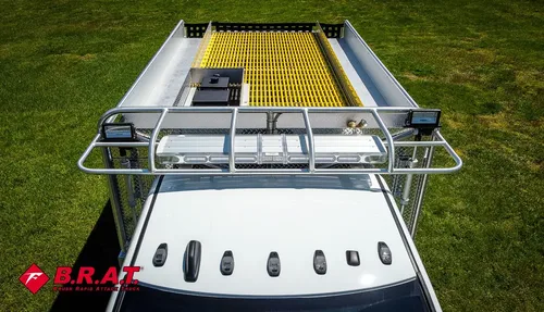 Top view of hood and roof rack from elevated rear position.