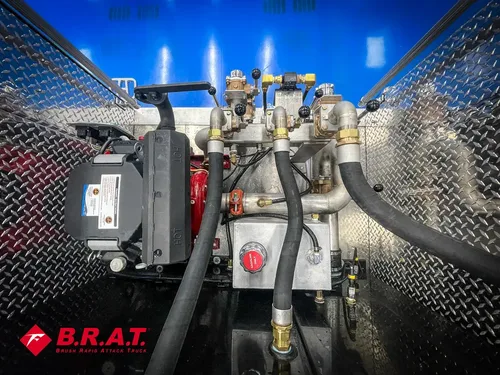 Vertical pump plumbing and valves mounted near rear corner.