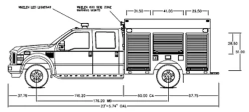Exterior view of small fire truck showing cab, body compartments, and wheel/tire area.