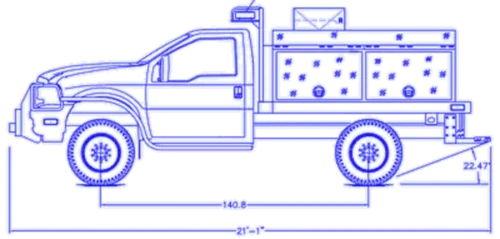 Exterior view of small fire truck showing cab, body compartments, and wheel/tire area.