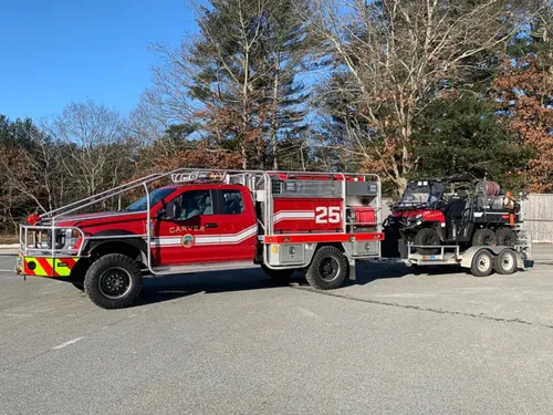 Exterior view of small fire truck showing cab, body compartments, and wheel/tire area.