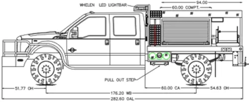 Exterior view of small fire truck showing cab, body compartments, and wheel/tire area.
