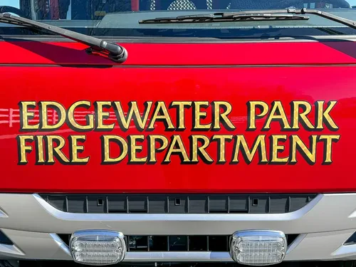 Close-up of side body lettering reading Edgewater Park Fire Department.