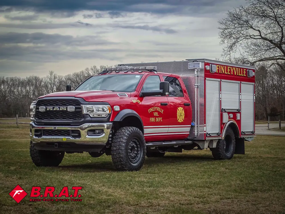 Front-left three-quarter exterior view of red Finleyville fire utility truck.