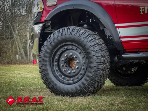 Front wheel and tire close-up beneath fender flare.