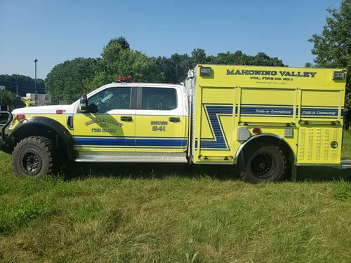 Exterior view of small fire truck showing cab, body compartments, and wheel/tire area.