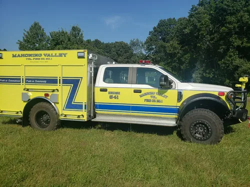 Exterior view of small fire truck showing cab, body compartments, and wheel/tire area.