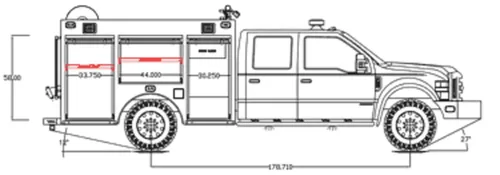 Exterior view of small fire truck showing cab, body compartments, and wheel/tire area.
