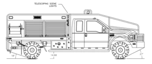 Exterior view of small fire truck showing cab, body compartments, and wheel/tire area.