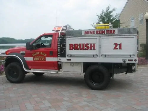 Exterior view of small fire truck showing cab, body compartments, and wheel/tire area.