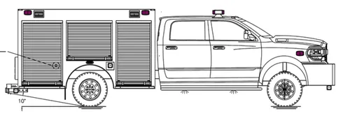 Exterior view of small fire truck showing cab, body compartments, and wheel/tire area.