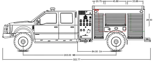 Exterior view of small fire truck showing cab, body compartments, and wheel/tire area.