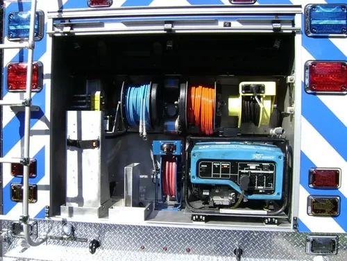 Exterior view of small fire truck showing cab, body compartments, and wheel/tire area.
