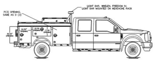Exterior view of small fire truck showing cab, body compartments, and wheel/tire area.