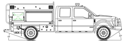 Exterior view of small fire truck showing cab, body compartments, and wheel/tire area.