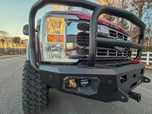 Front grille guard and left bumper corner close-up.