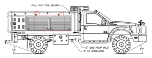 Exterior view of small fire truck showing cab, body compartments, and wheel/tire area.