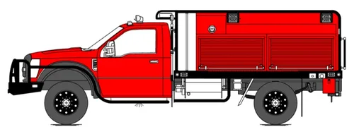 Exterior view of small fire truck showing cab, body compartments, and wheel/tire area.