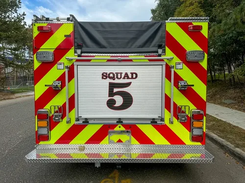 Straight rear view with Squad 5 roll-up door closed.