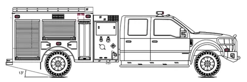 Exterior view of small fire truck showing cab, body compartments, and wheel/tire area.