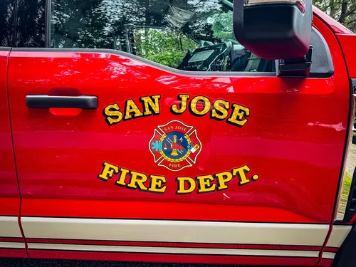 Door graphic close-up reading San Jose Fire Dept with crest.