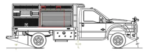 Exterior view of small fire truck showing cab, body compartments, and wheel/tire area.