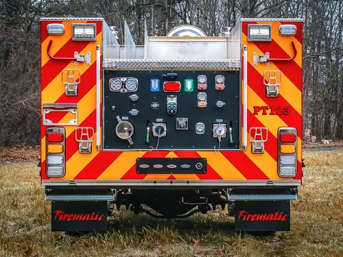 Straight rear view of the pump panel and rear chevron striping.