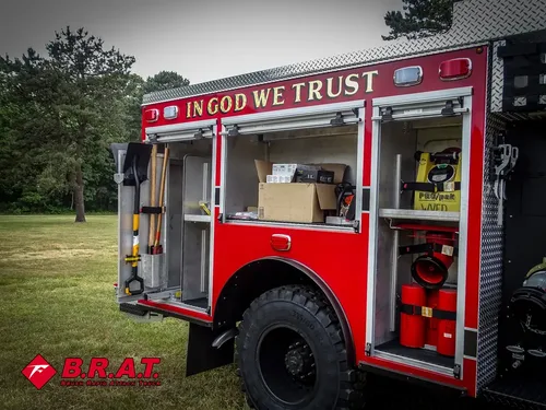 Open side body compartments revealing shelves, pump tools, and storage bins.