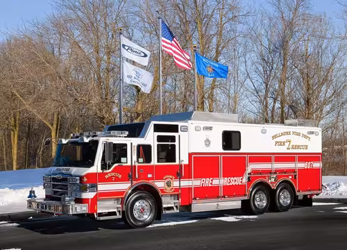 Bellmore heavy rescue truck driver-side profile with full rescue body and roof equipment
