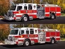Two stacked front-left thumbnail views of the pumper on display.