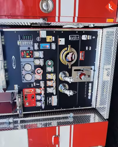 Pump panel close-up showing gauges, valves, and intake controls