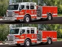 Two stacked front-left views of the pumper on display with full side body visible.