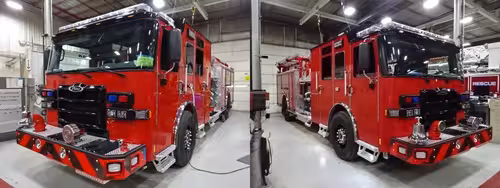 Apparatus lineup view indoors showing three red trucks parked side by side
