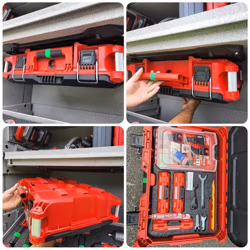 Open lower side compartment showing rescue tools in tray rack