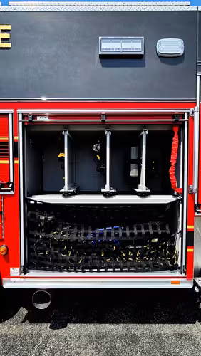 Open rear compartment showing slide-in tray rack storage