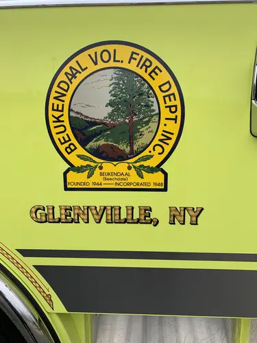 Beukendaal Pierce Enforcer pumper cab door showing department seal