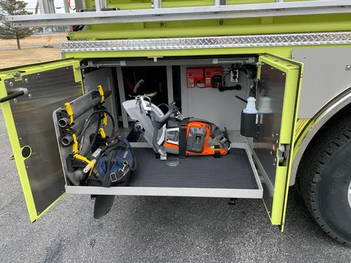 Beukendaal Pierce Enforcer pumper open side compartment with mounted equipment