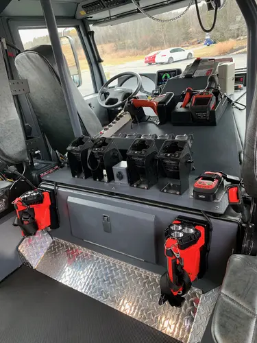 Beukendaal Pierce Enforcer pumper cab interior with front seats and controls