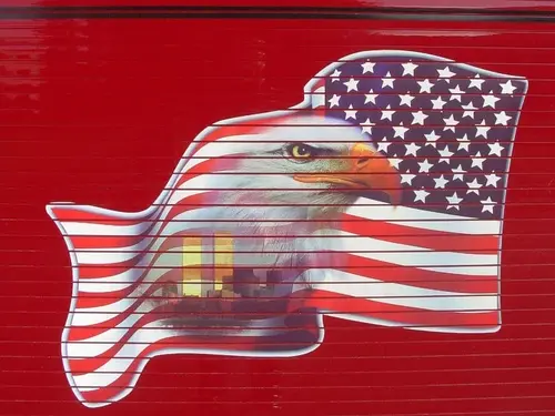 Close-up of the side compartment door graphic showing an eagle over an American flag.