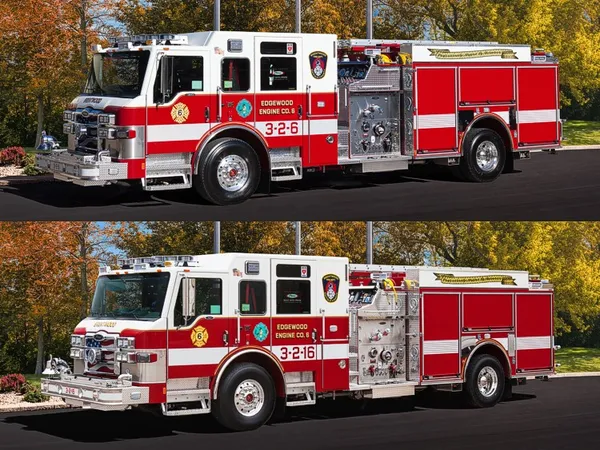 Two stacked side-profile views of a pumper showing cab, pump panel controls, and side compartments.