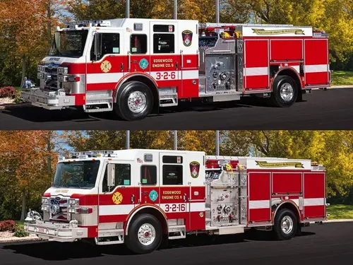 Two stacked side-profile views of a pumper showing cab, pump panel controls, and side compartments.