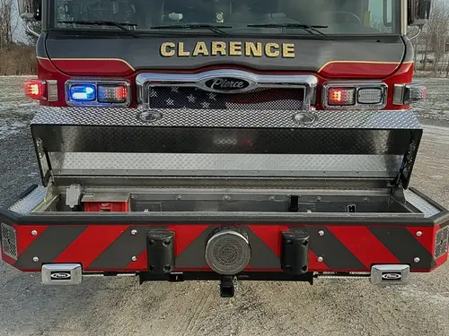 Rear view showing chevrons, center stair, and lower warning lights
