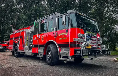 Pumper rear-left exterior view showing side body and rear warning lights