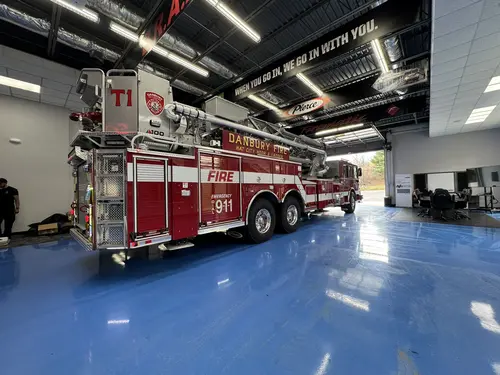 Danbury Pierce Enforcer 100-foot aerial tower driver-side view